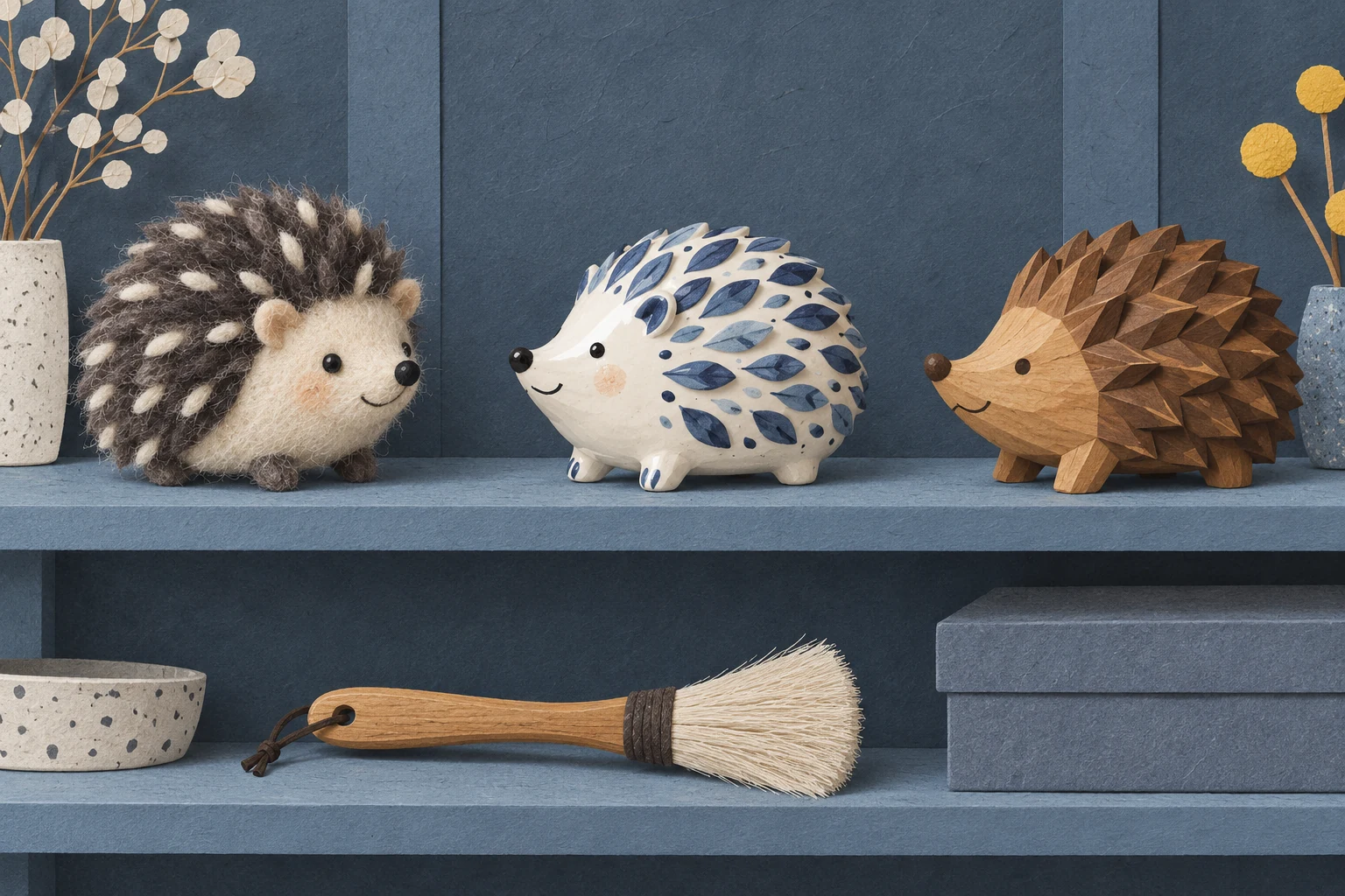 Paper-collage illustration of felt, ceramic, and wooden hedgehogs on a shelf above a soft brush and storage box.