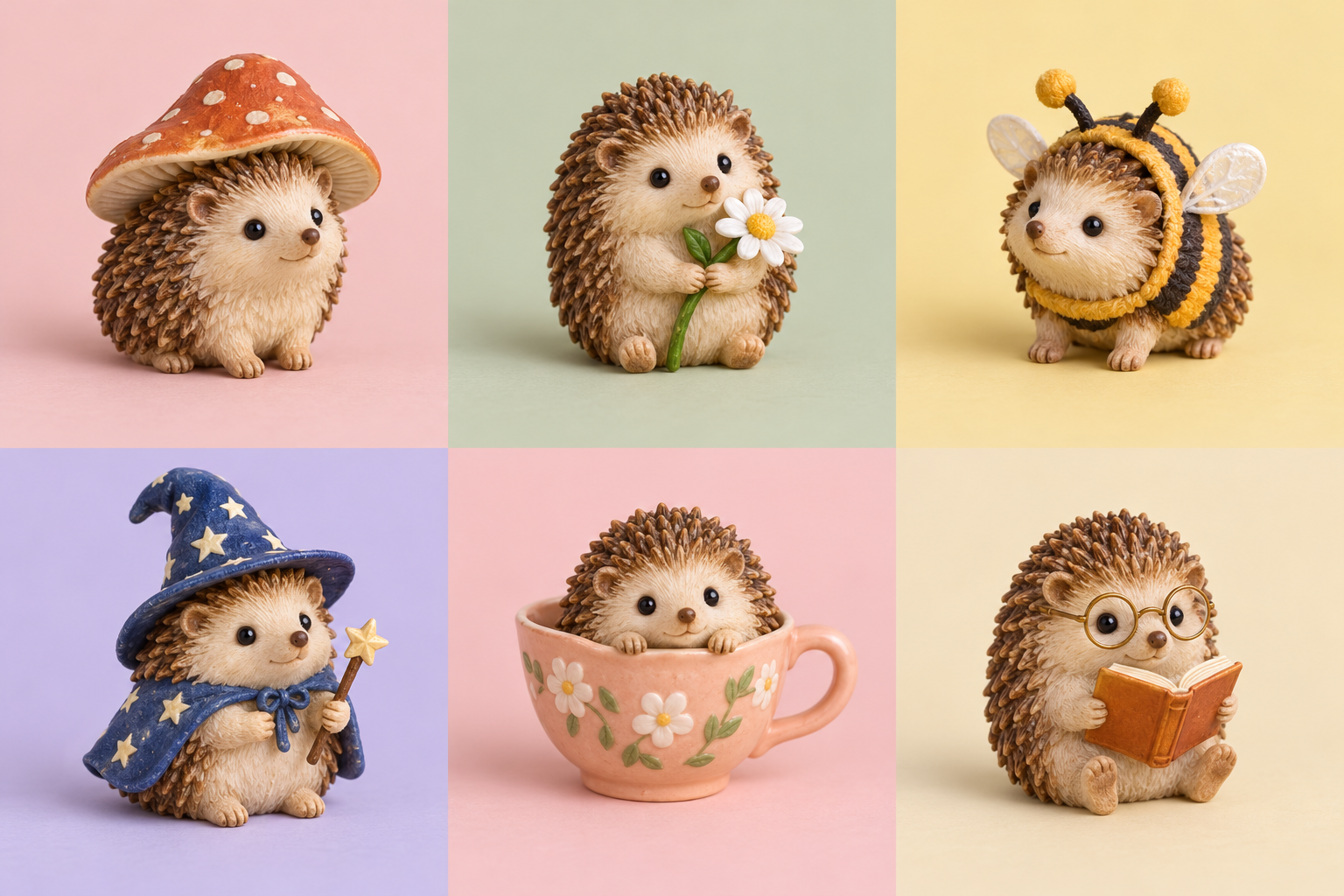 Prickle & Co.’s six illustrated designs: mushroom-capped hedgehog, daisy holder, bee costume, wizard, teacup companion, and reader