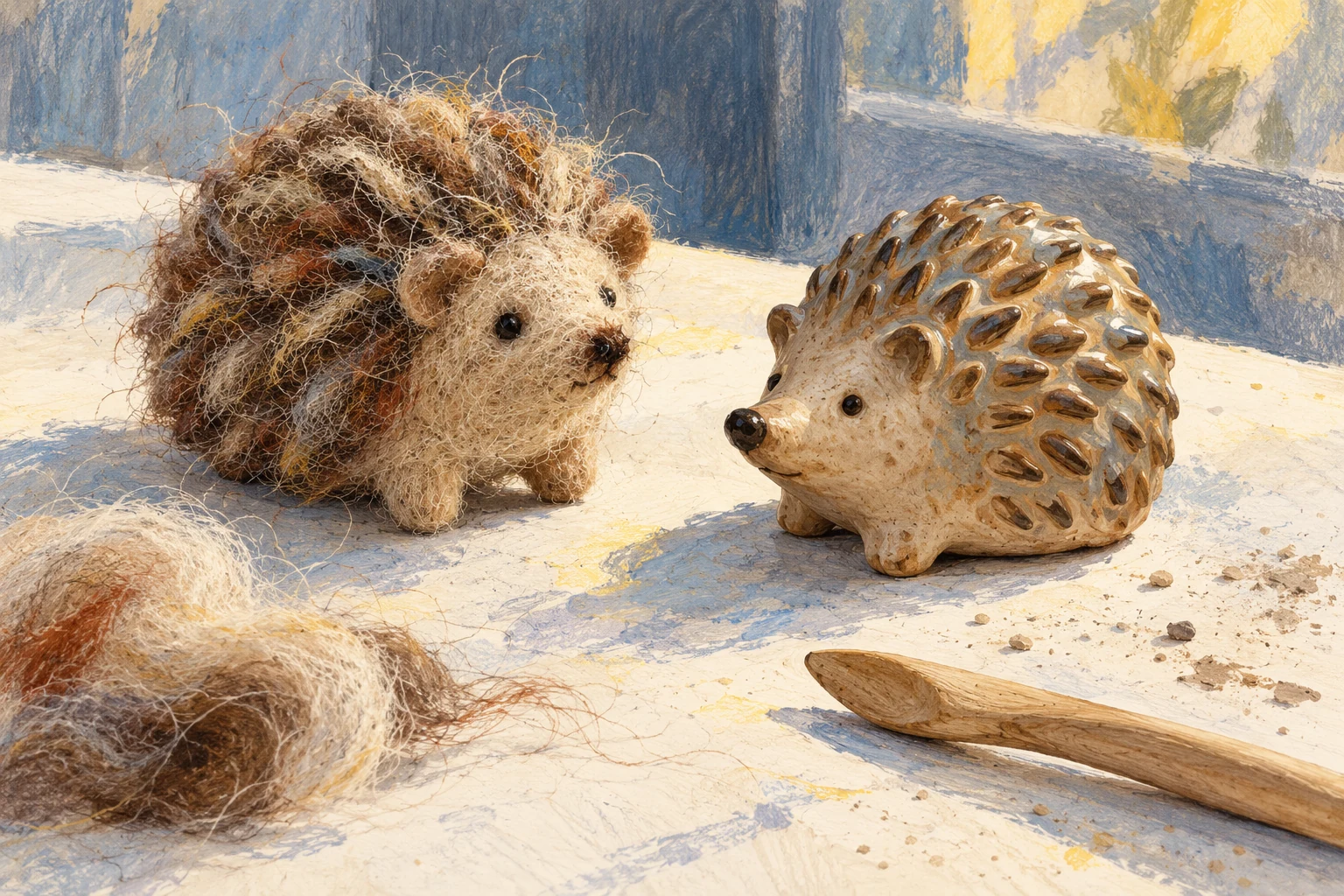 Colored-pencil and gouache illustration of felt and ceramic hedgehogs, loose wool, and a wooden sculpting tool.
