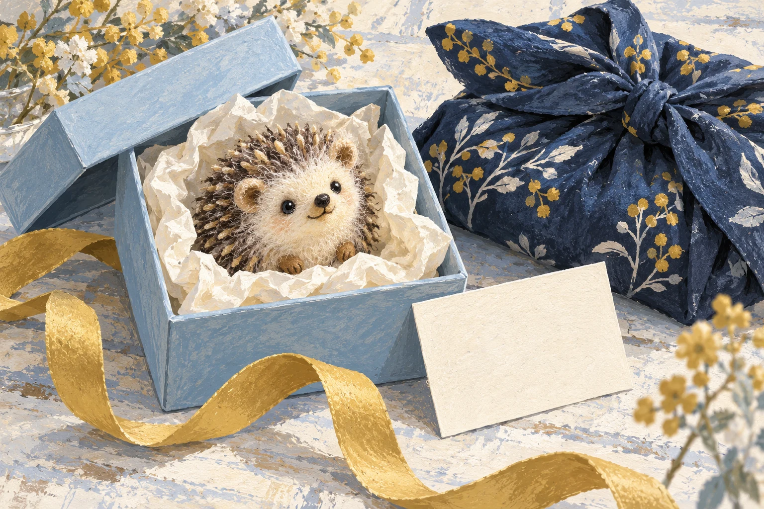Painted illustration of a felt hedgehog in a gift box beside a reusable cloth wrap and a blank card.
