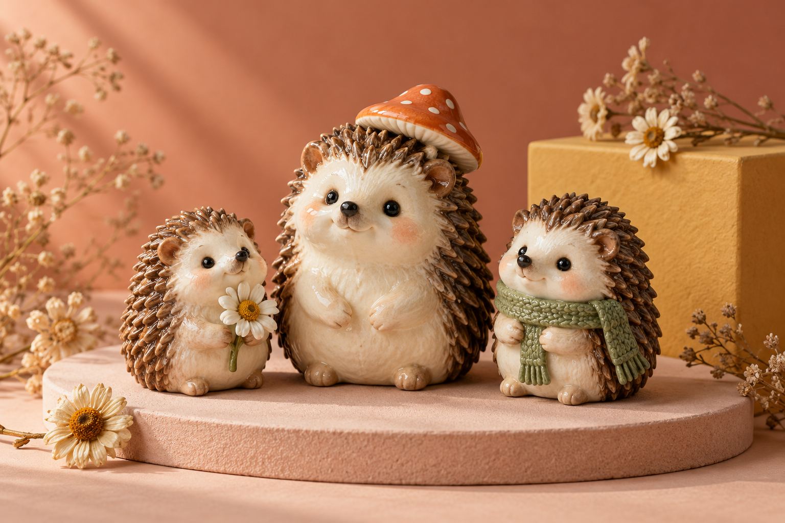 Prickle & Co. illustration of three hedgehog characters arranged on pastel display blocks