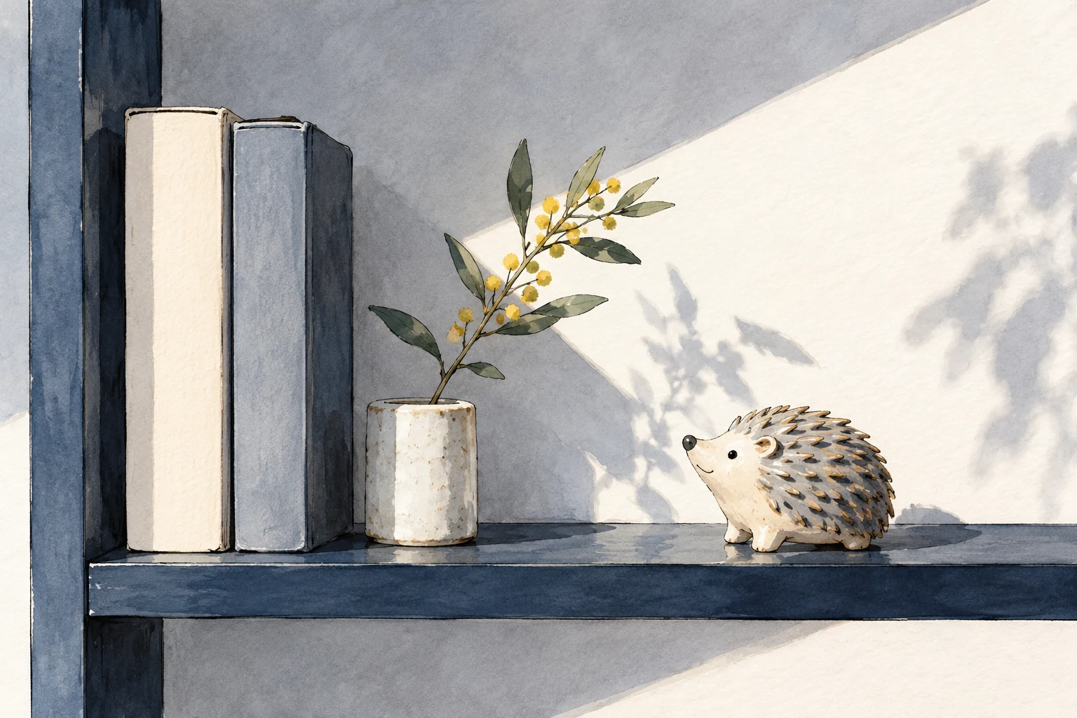 Watercolor illustration of a ceramic hedgehog on a blue shelf beside books and a small vase.